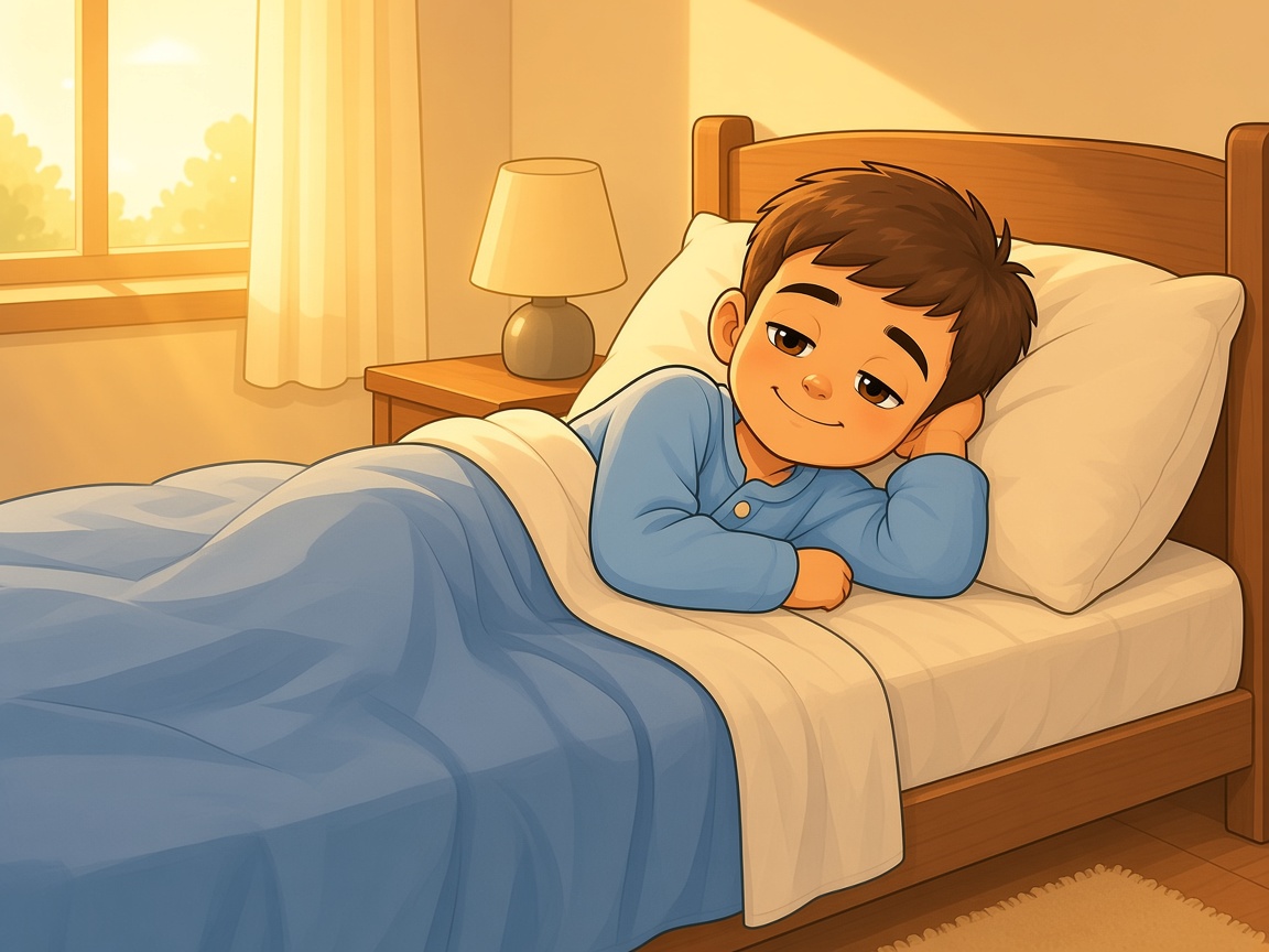 Tiago en pijama en su cama bajo la luz dorada