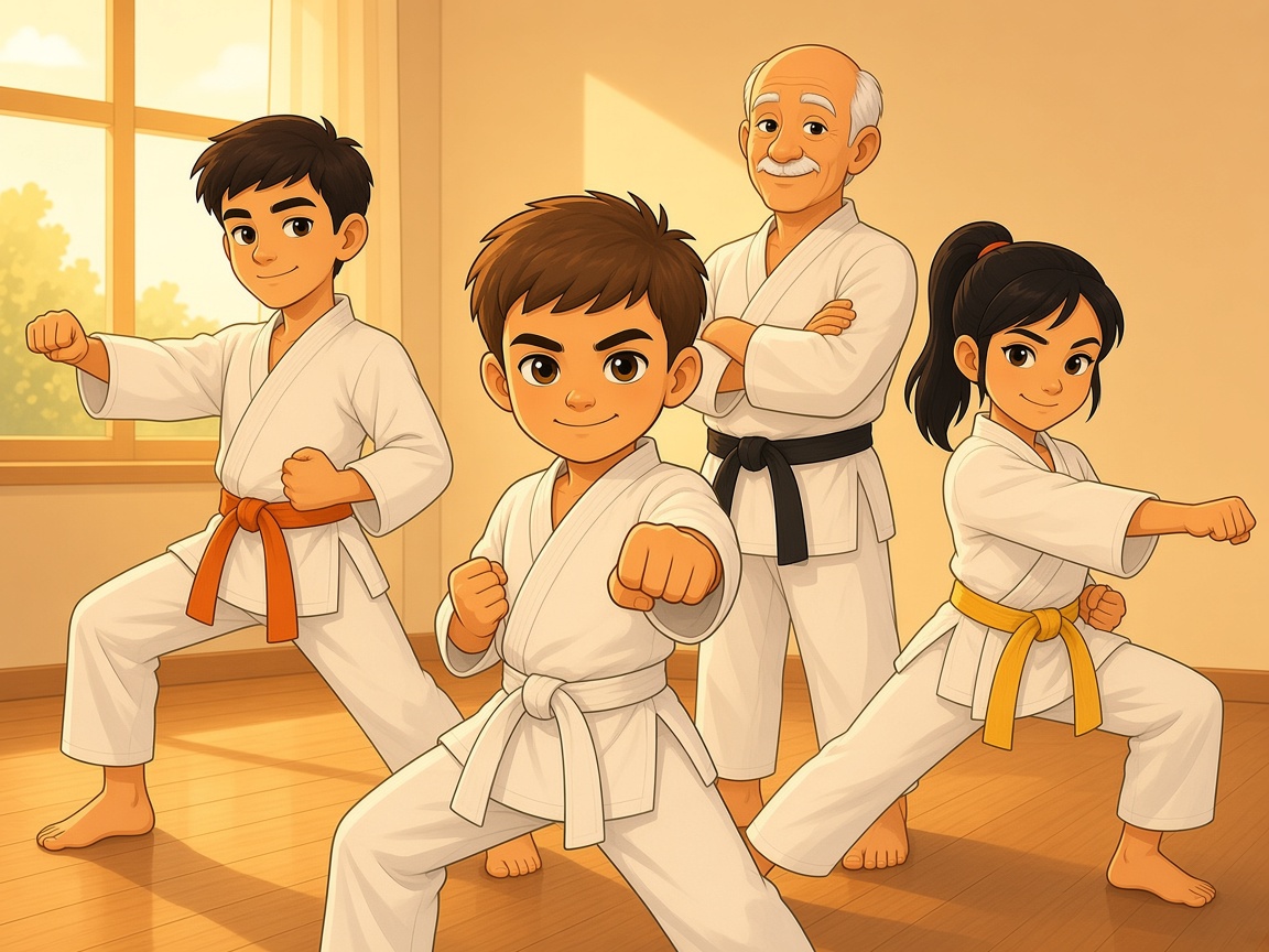 Tiago, Marco y Sofía entrenando en el dojo con el maestro Fabio