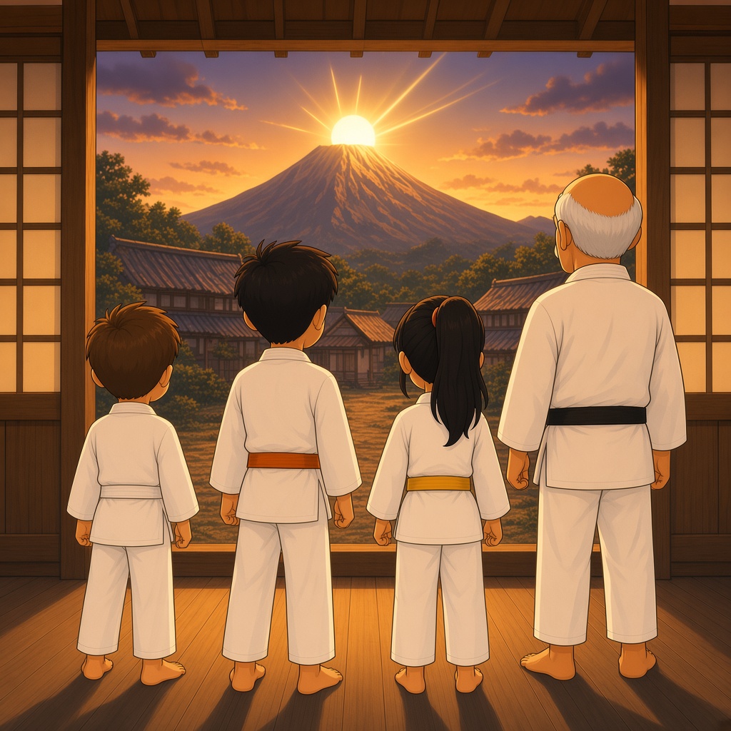Tiago, Marco, Sofía y Fabio de espaldas en la puerta del dojo mientras el sol se va hacia la cima de la montaña
