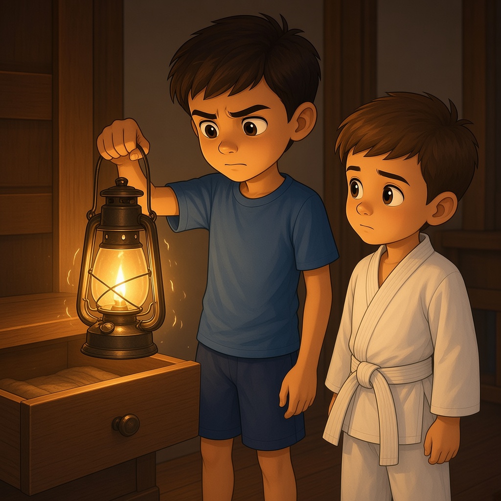 Marco sostiene la linterna vieja de su abuelo, encendida, junto a Tiago