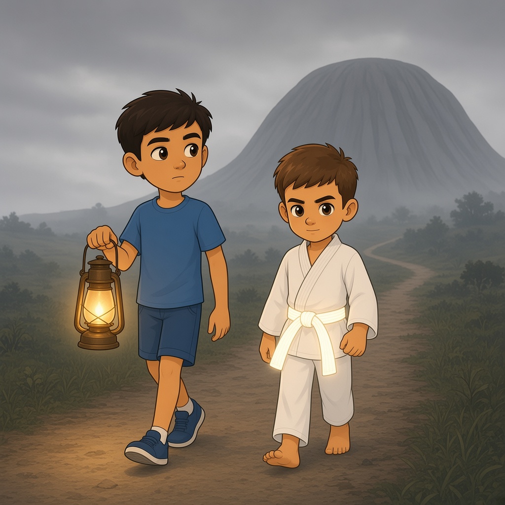 Tiago y Marco caminan hacia la montaña con la linterna y el cinturón brillando