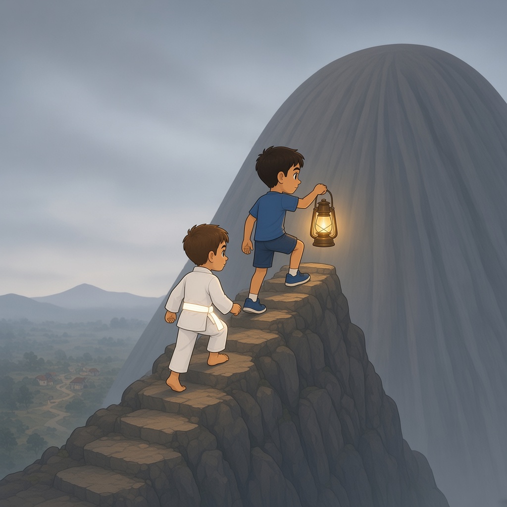 Tiago y Marco suben la montaña redonda; la linterna y el cinturón iluminan el siguiente paso