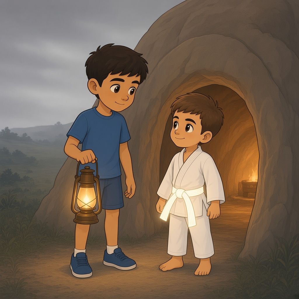 Tiago y Marco en la boca de la cueva, de donde sale un brillo naranja suave