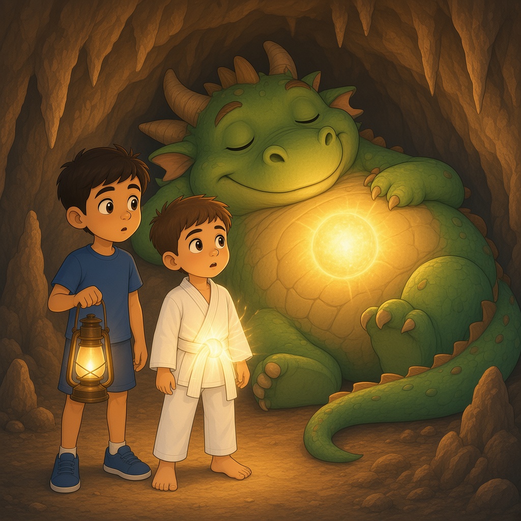 El dragón verde esmeralda duerme con el sol brillando en su panza; Tiago y Marco lo miran asombrados