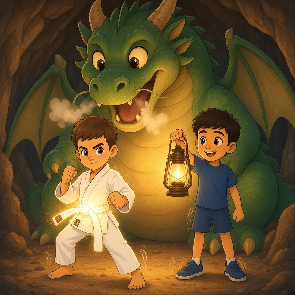 El dragón abre sus ojos dorados; Tiago en pose de karate y Marco levanta la linterna