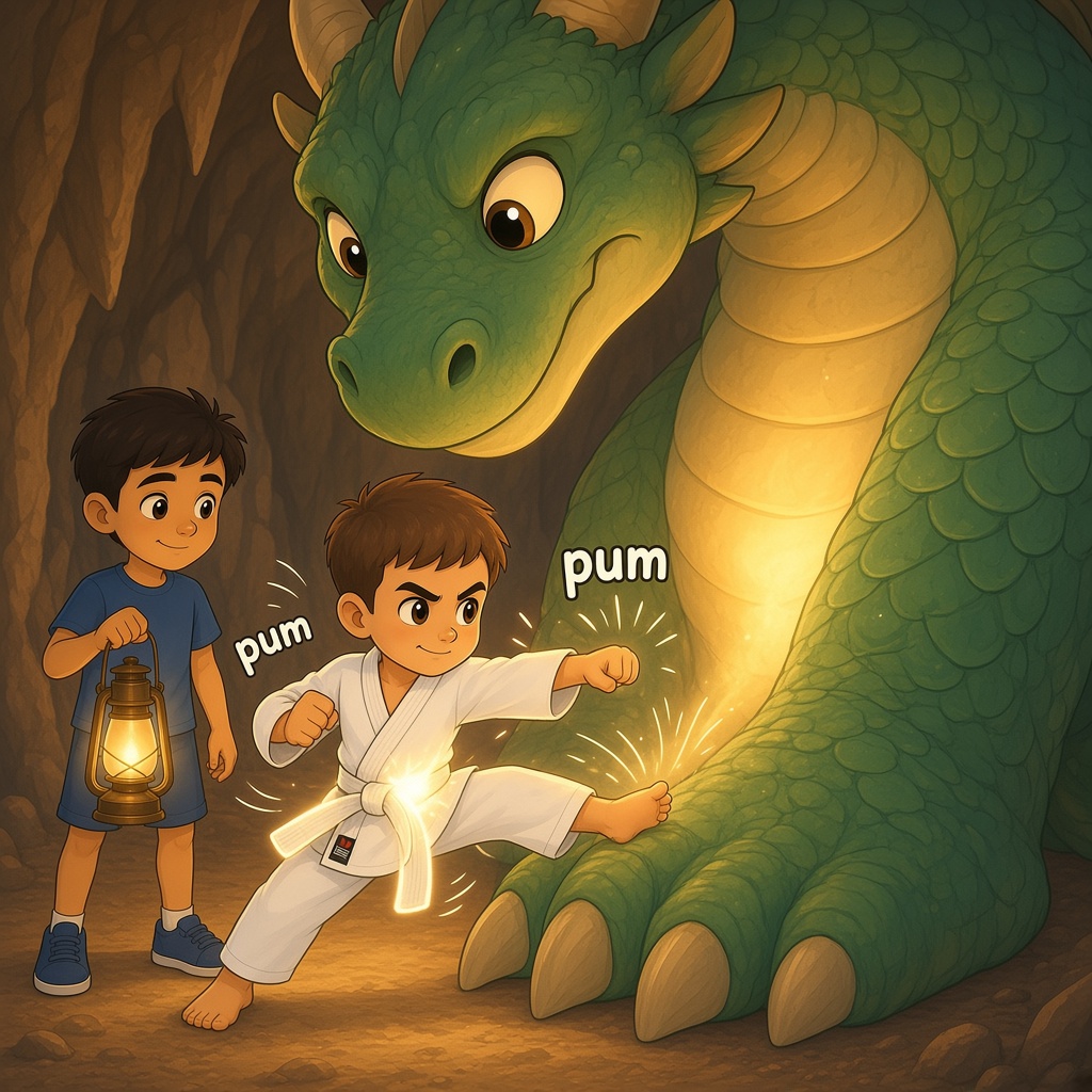 Tiago hace su kata frente al enorme dragón, que ni se mueve