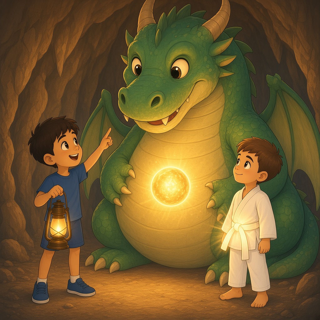 Marco señala el sol que brilla dentro de la panza del dragón