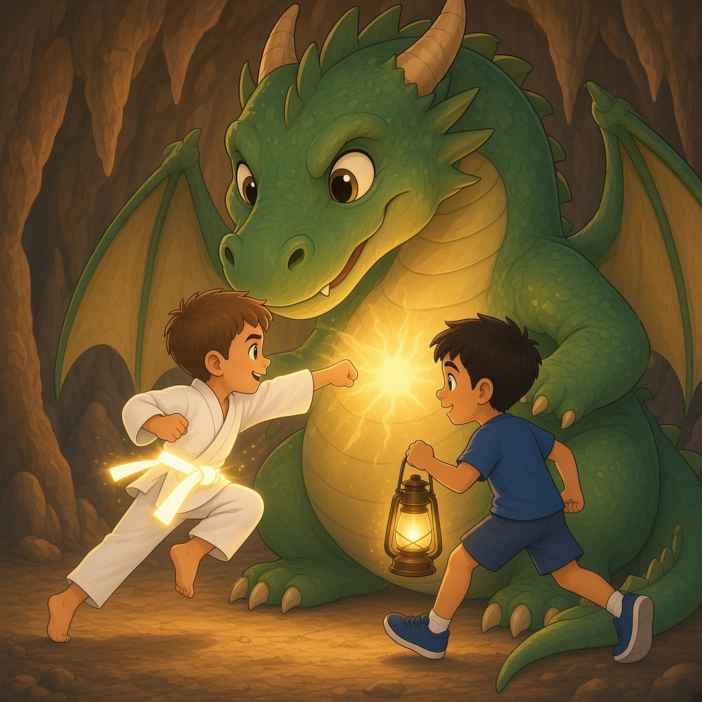 Tiago distrae al dragón mientras Marco corre a su lado buscando el sol