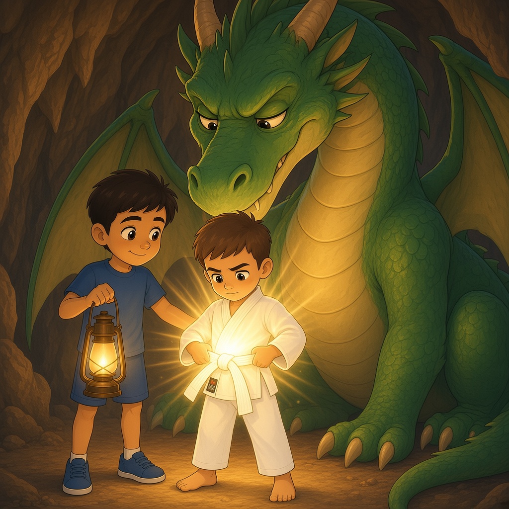 Tiago se mantiene firme frente al dragón mientras su cinturón brilla como una estrella